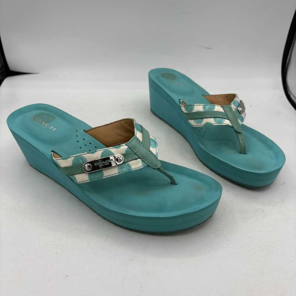 Coach Sandals Womens Size 8.5 B Jaden Wedge Heel Teal Cushioned Leather Straps